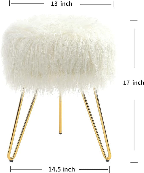 Faux Fur Vanity Stool Ottoman for Dressing Room, Bedroom, Living Room or Kids Room