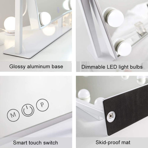 Makeup Mirror Hollywood Style Vanity Makeup Mirror Smart Touch Control 3 Colors Dimmable Light Detachable 10X Magnification 360° Rotation (White)