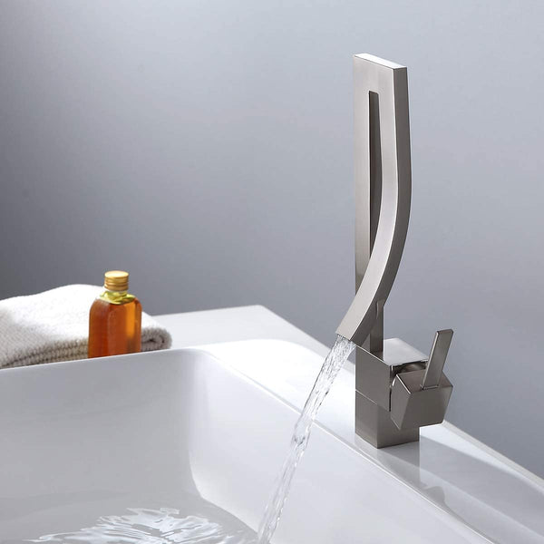 Designer Bathroom Sink Faucet, Modern Design Single Lever Handle Waterfall Spout Style