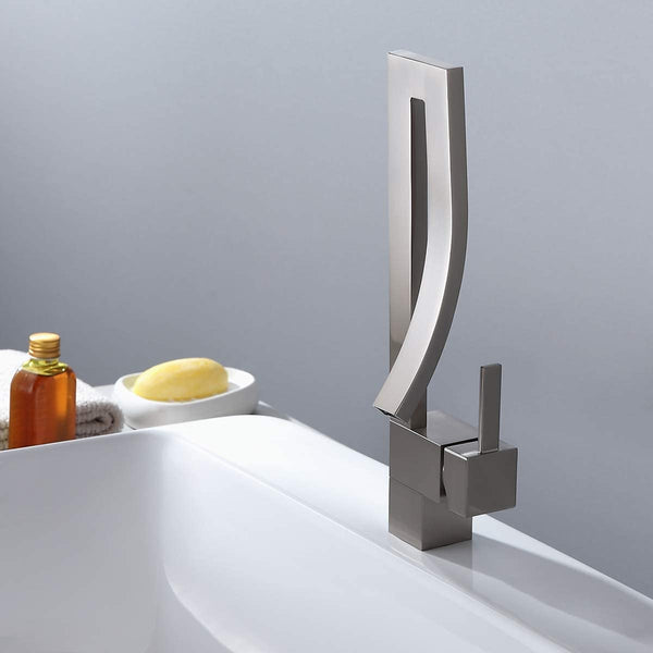 Designer Bathroom Sink Faucet, Modern Design Single Lever Handle Waterfall Spout Style