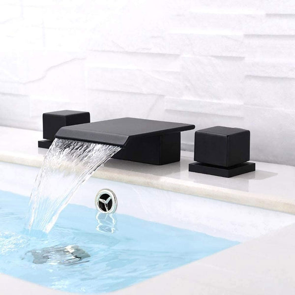 Bathroom Faucet Waterfall Style, Double Square Handles & Widespread, Bathroom Sink Faucet Solid Brass (Matte Black)