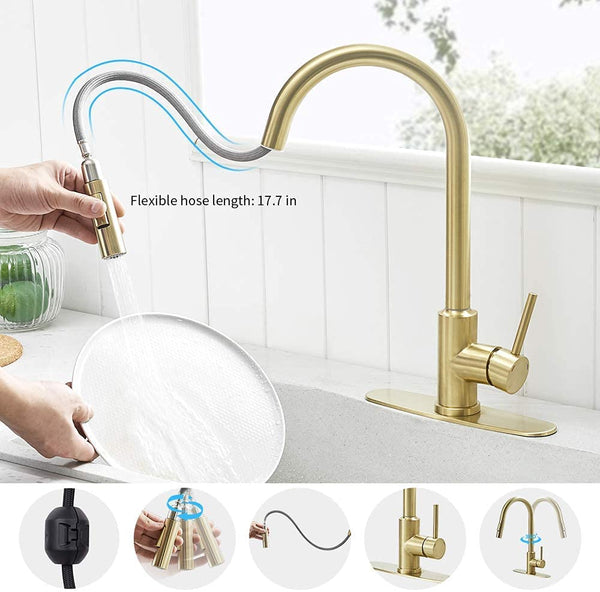 Brushed Gold Touch Stainless Steel Kitchen Faucets with Pull Down Sprayer, Single Handle Automatic Smart Kitchen Sink Faucet, Pull Out Sprayer