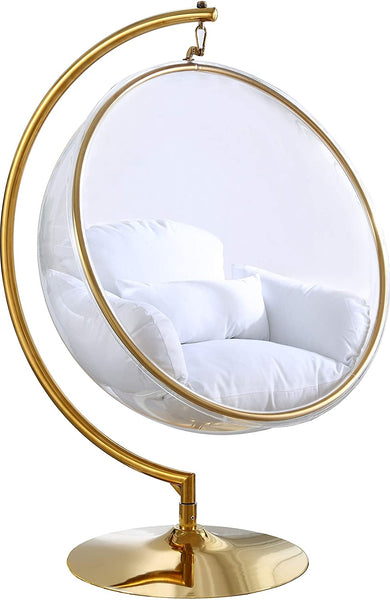 Designer Bubble Swing Chair, Gold Finished with Faux Gold or Silver Leather Cushion