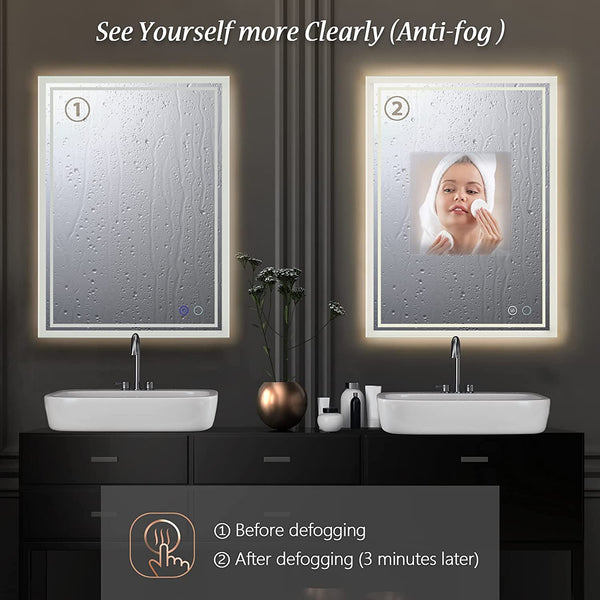 Bathroom Vanity Backlit Mirror | LED Lights, Anti-Fog, Dimmable, Touch Button, Waterproof, Regular Lighted Mirror Wall Mounted