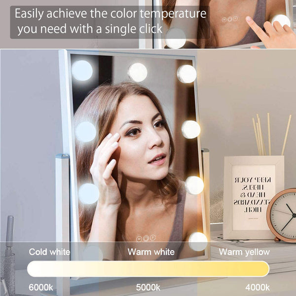 Makeup Mirror Hollywood Style Vanity Makeup Mirror Smart Touch Control 3 Colors Dimmable Light Detachable 10X Magnification 360° Rotation (White)