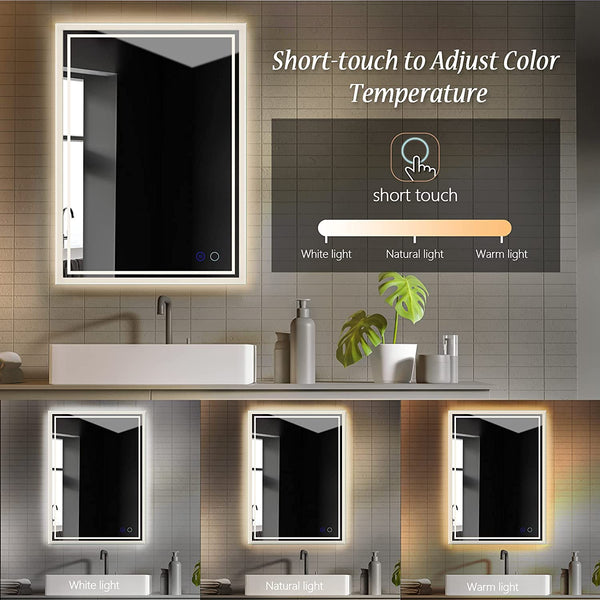 Bathroom Vanity Backlit Mirror | LED Lights, Anti-Fog, Dimmable, Touch Button, Waterproof, Regular Lighted Mirror Wall Mounted