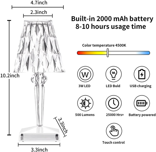 Diamond Crystal Table Lamp Shade 3-Way Dimmable Color Touch Control USB Rechargeable Cordless Acrylic Diamond Nightstand Light with Elegant Lamp Shade