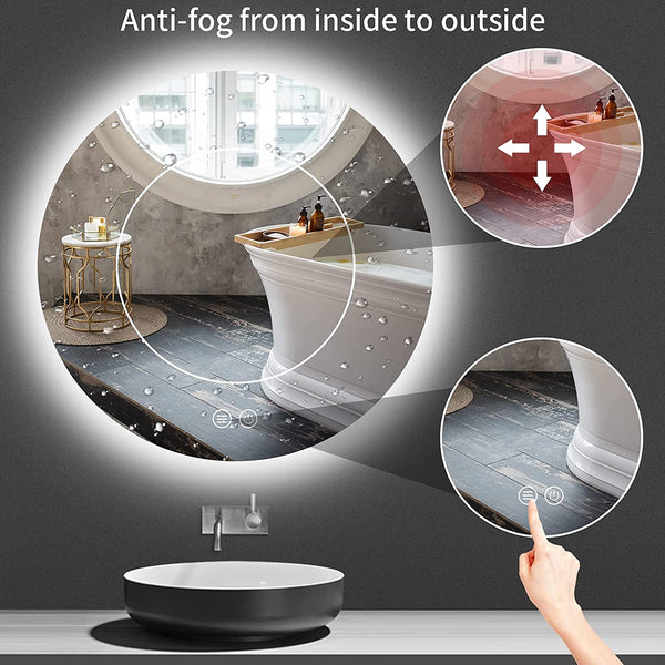 Round Backlit LED Vanity Bathroom Mirror, 24” Anti-Fog, Wall Mounted Dimmable Bathroom Mirror with Lights, LED Smart Mirror, Brightness Adjustable