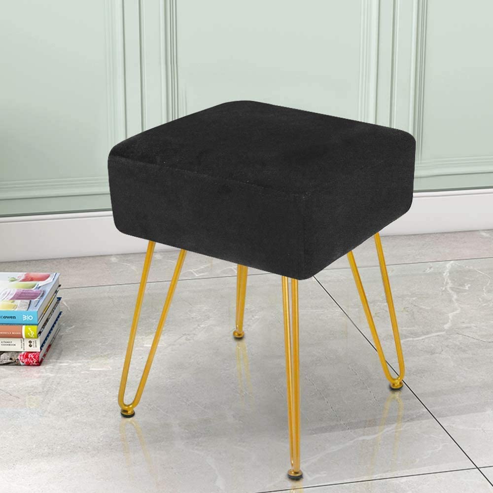 Velvet Ottoman Round Footrest Stool Upholstered Step Stool Black (Velvet)