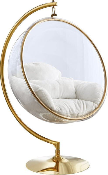 Designer Bubble Swing Chair with Gold Finished Stand, with Fluffy White Cushion