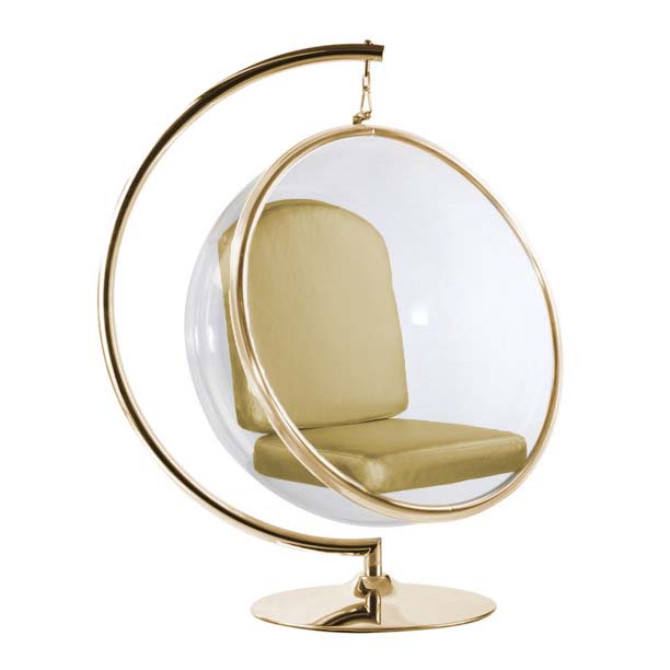 Designer Bubble Swing Chair, Gold Finished with Faux Gold or Silver Leather Cushion