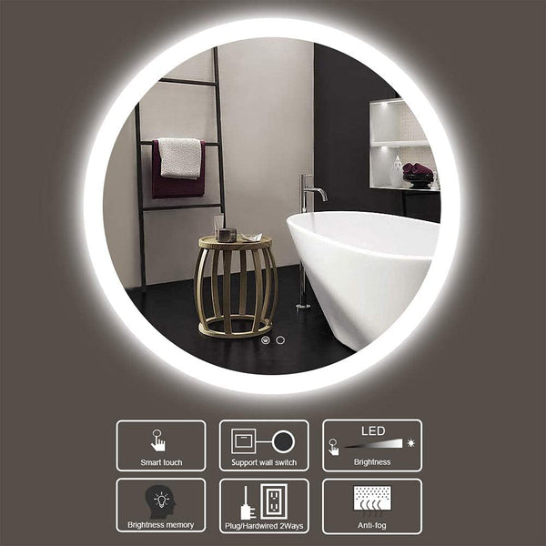 Round LED Vanity Bathroom Mirror, 24” Anti-Fog, Wall Mounted Dimmable Bathroom Mirror with Lights, LED Smart Mirror, Brightness Adjustable