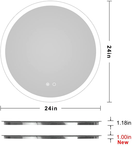 Round LED Vanity Bathroom Mirror, 24” Anti-Fog, Wall Mounted Dimmable Bathroom Mirror with Lights, LED Smart Mirror, Brightness Adjustable