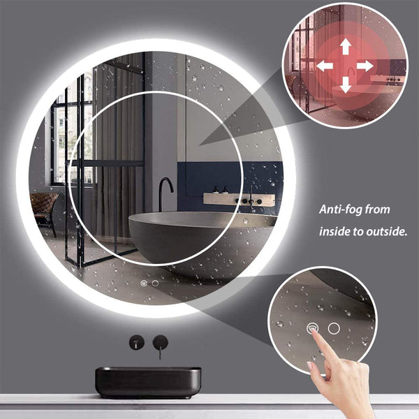 Round LED Vanity Bathroom Mirror, 24” Anti-Fog, Wall Mounted Dimmable Bathroom Mirror with Lights, LED Smart Mirror, Brightness Adjustable