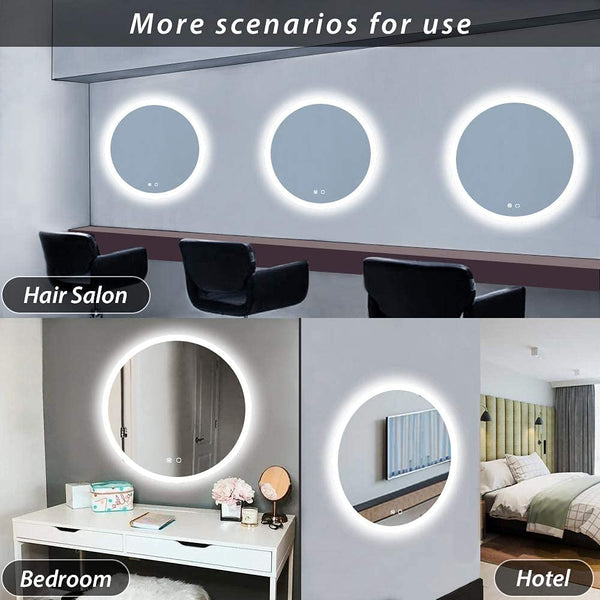 Round LED Vanity Bathroom Mirror, 24” Anti-Fog, Wall Mounted Dimmable Bathroom Mirror with Lights, LED Smart Mirror, Brightness Adjustable