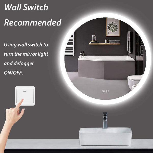 Round LED Vanity Bathroom Mirror, 24” Anti-Fog, Wall Mounted Dimmable Bathroom Mirror with Lights, LED Smart Mirror, Brightness Adjustable