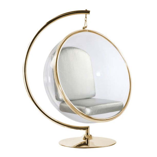 Designer Bubble Swing Chair, Gold Finished with Faux Gold or Silver Leather Cushion